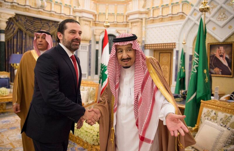 Saudi Arabia's King Salman bin Abdulaziz Al Saud welcomes Lebanese Prime Minister Saad al-Hariri in Riyadh, Saudi Arabia, February 28, 2018. Saudi Press Agency/Handout via REUTERS ATTENTION EDITORS - THIS PICTURE WAS PROVIDED BY A THIRD PARTY. NO RESALES. NO ARCHIVE.