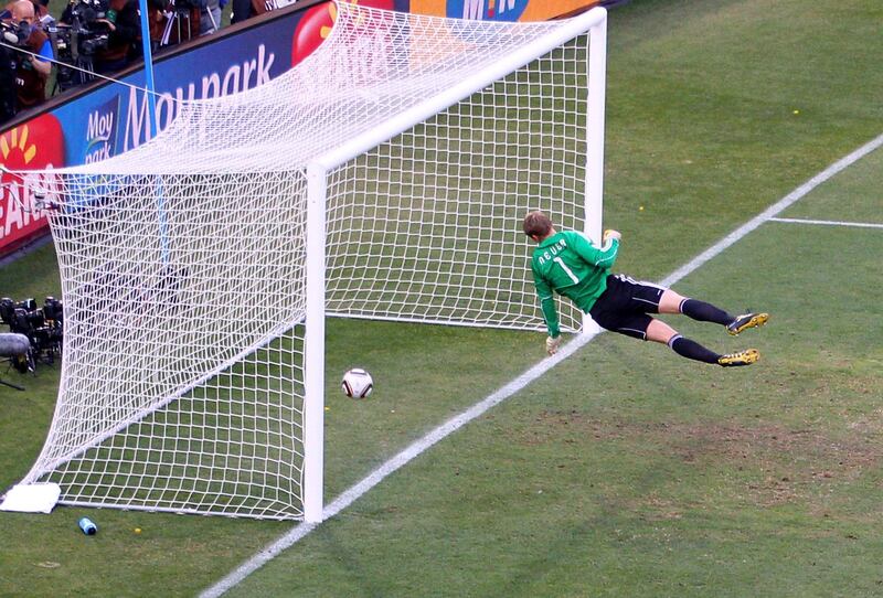 BLOEMFONTEIN, SOUTH AFRICA - JUNE 27:  Manuel Neuer of Germany watches the ball bounce over the line from a shot that hit the crossbar from Frank Lampard of England, but referee Jorge Larrionda judges the ball did not cross the line during the 2010 FIFA World Cup South Africa Round of Sixteen match between Germany and England at Free State Stadium on June 27, 2010 in Bloemfontein, South Africa.  (Photo by Cameron Spencer/Getty Images)