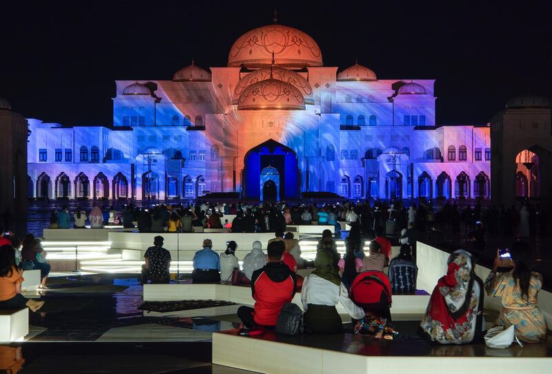 Abu Dhabi, United Arab Emirates, December, 1, 2020.  The 49th UAE National Day celebrations at Qasr Al Watan.  Projector show, Palace in Motion, Colors of the UAE.
Victor Besa/The National
Section:  National News