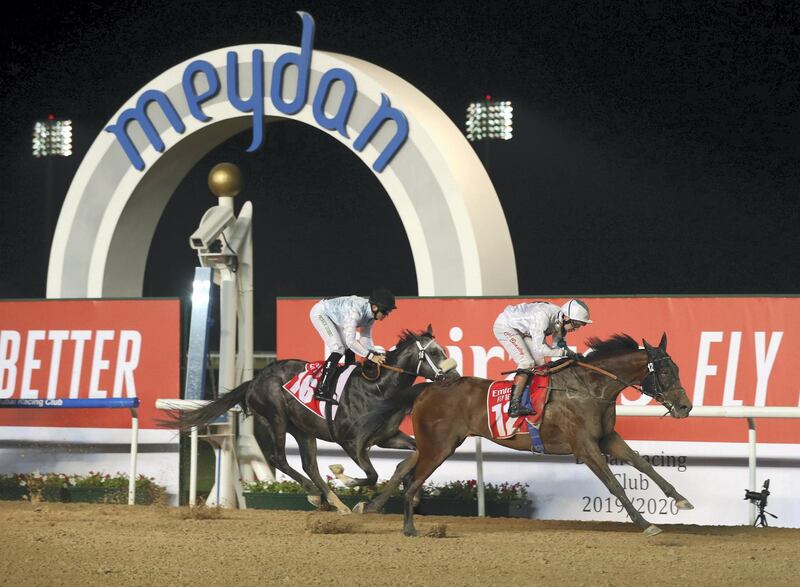 Dubai, United Arab Emirates - October 24, 2019: Woodditton ridden by Connor Beasley wins the Arabian Adventures race on the opening meeting of the new season. Thursday the 24th of October 2019. Meydan Racecourse, Dubai. Chris Whiteoak / The National