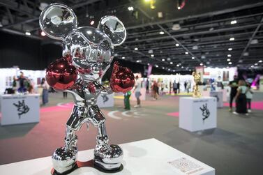 Mickey Mouse by artist Sanuj Birla at the World Art Dubai at Dubai World Trade Centre. Leslie Pableo / The National 