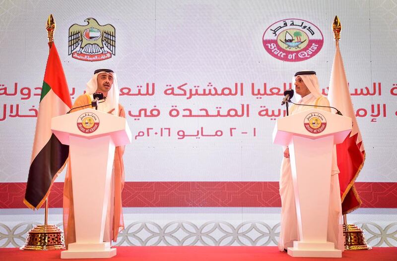 Sheikh Abdullah bin Zayed, Minister of Foreign Affairs and Sheikh Mohammed bin Abdul Rahman Al Thani, Foreign Minister of Qatar speak at the sixth session of the joint higher committee between the UAE and Qatar. Wam