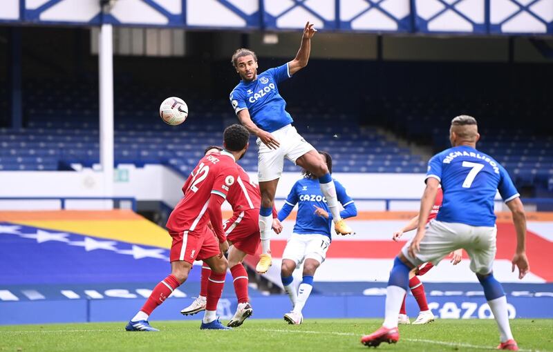 Everton's Dominic Calvert-Lewin heads home to makes the score 2-2 against Liverpool at Goodison Park. Reuters