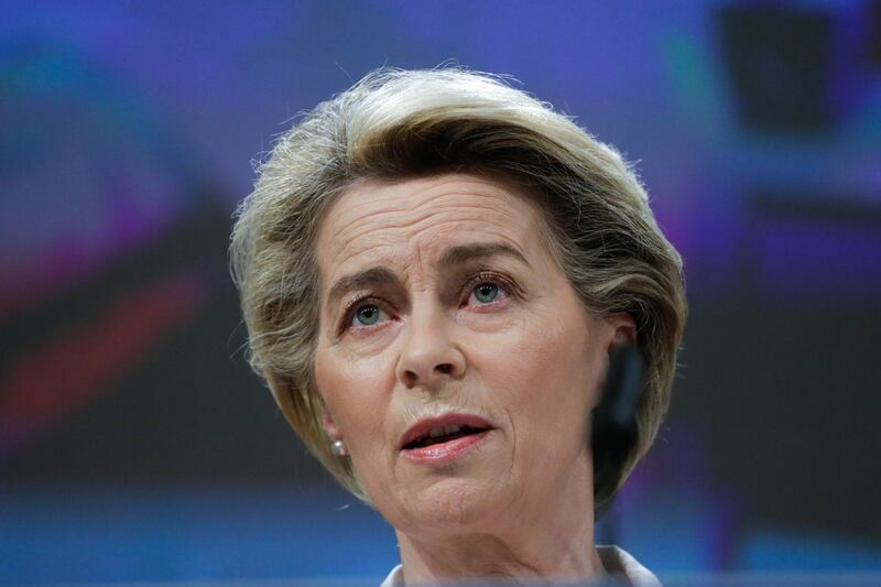 epa09018449 European Commission President Ursula von der Leyen gives a press conference on the HERA Incubator to anticipate the threat of the coronavirus variants at the European Commission Headquarters in Brussels, Belgium, 17 February 2021.  EPA/ARIS OIKONOMOU / POOL