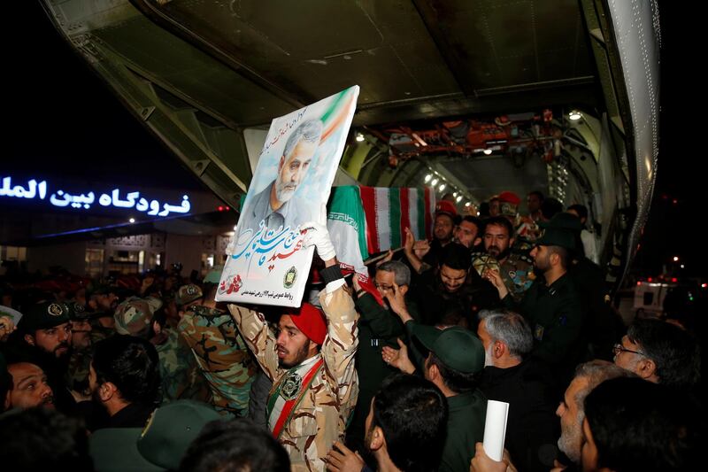 Iranian mourners carry the coffin of the Iranian Major-General Qassem Suleimani, head of the elite Quds Force, who was killed in an air strike at Baghdad airport, at Ahvaz international airport, in Ahvaz, Iran. Reuters