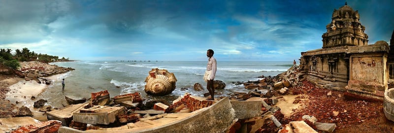The remains of a fallen tower that was part of the 12th-century Masilamani Nathar Temple crumble into the sea at Tharangambadi – the ‘place of the Singing Waves’ on the Bay of Bengal