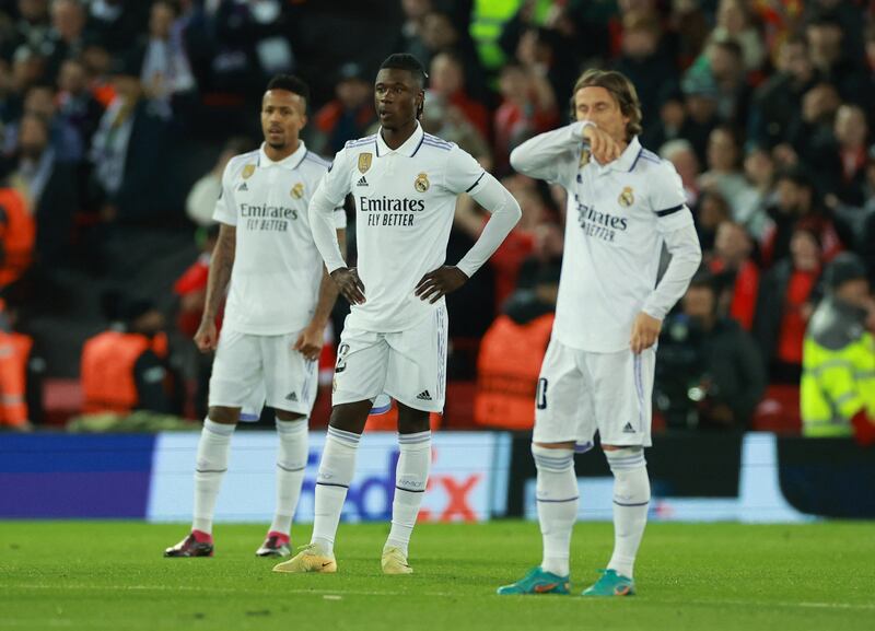 Real Madrid players look dejected after Darwin Nunez scores. Reuters