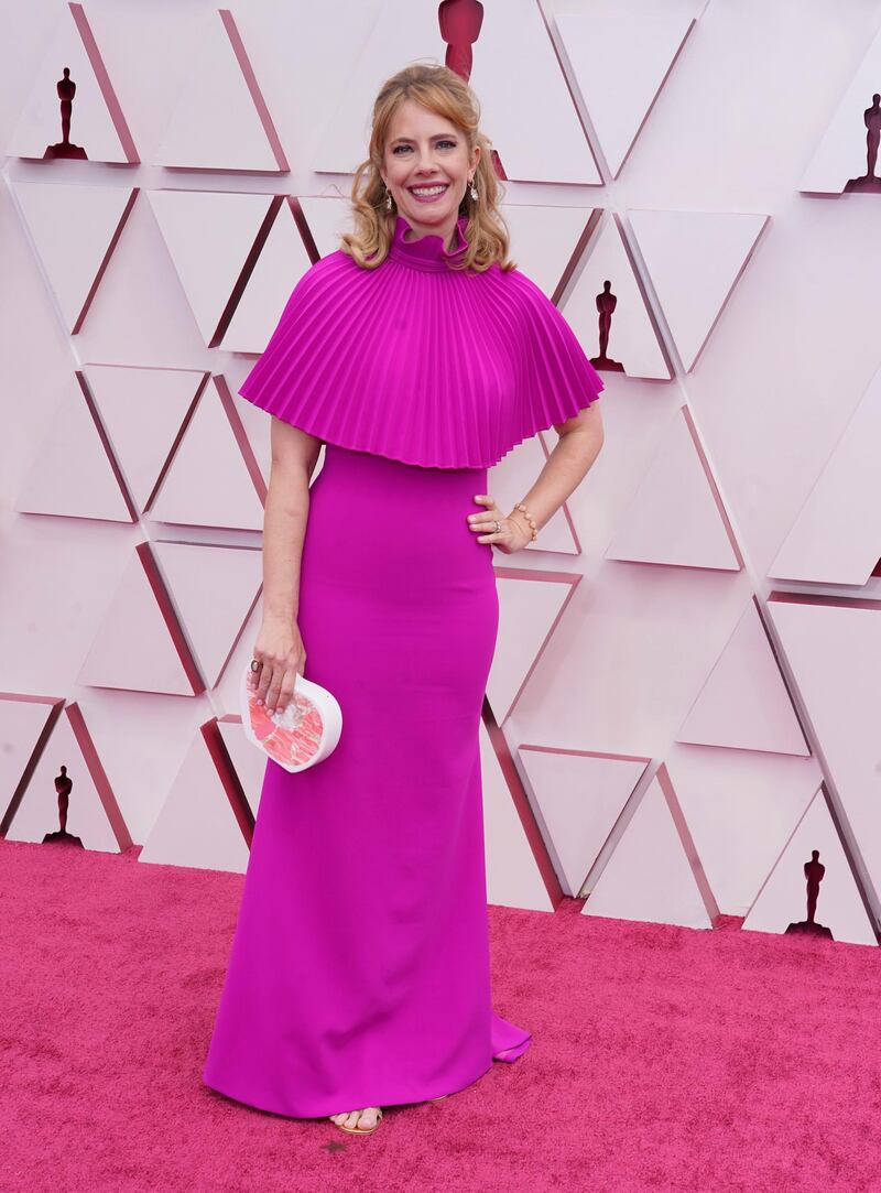 Erica Rivinoja arrives for the 93rd annual Academy Awards ceremony at Union Station in Los Angeles, California, on, 25 April 25, 2021. EPA