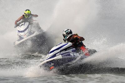 Jetski - 2018 Asian Games - Runabout Limited Final - Moto 4 - Jet-Ski Indonesia Academy - Jakarta, Indonesia - August 24, 2018 - Ali Allanjawi of the United Arab Emirates and Mohsin Mohamed of the United Arab Emirates compete. REUTERS/Beawiharta