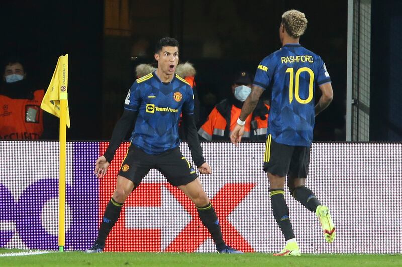 Manchester United's Cristiano Ronaldo celebrates with Marcus Rashford after scoring during a Champions League match against Villarreal at Estadio de la Ceramica in November, 2021. AP