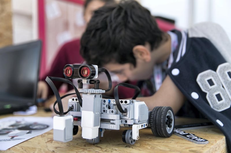 ABU DHABI, UNITED ARAB EMIRATES - JANUARY 31, 2019.

A maze runner robotics developed by Tala Osama, and her siblings, Noora, and Zaid.
Abu Dhabi Science Festival at the corniche in Abu Dhabi.

The event focuses on STEAM subjects (science, technology, engineering, arts and mathematics). Around 200 innovators are displaying their projects at the three host venues over 10 days.

(Photo by Reem Mohammed/The National)

Reporter: GILLIAN DUNCAN
Section:  NA