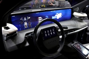 FILE PHOTO: An interior view of the Byton M-Byte all-electric SUV, expected to enter mass production this year, is shown at a news conference during the 2020 CES in Las Vegas, Nevada, U.S. January 5, 2020. REUTERS/Steve Marcus/File Photo