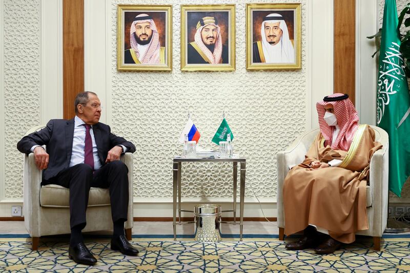 Russian Foreign Minister Sergey Lavrov Saudi Foreign Minister Prince Faisal bin Farhanattend talks in Riyadh. AP