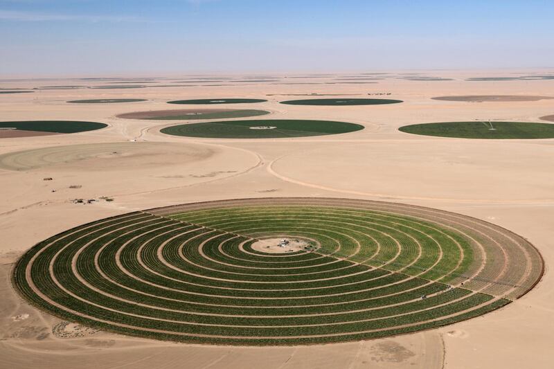 epa08150714 An aerial view shows center pivot irrigation system used for agriculture, in Wadi Al-Dawasir area, Saudi Arabia, 11 January 2020 (issued 22 January 2020).  EPA/ANDRE PAIN