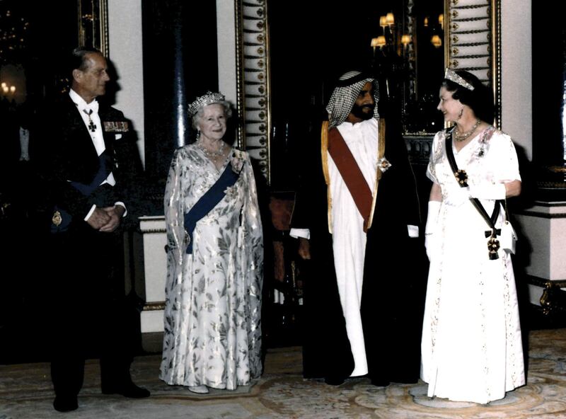 Sheikh Zayed Bin Sultan Al Nahyan, Her Majesty Queen Elizabeth II, the Queen Mother and Prince Philip in London, 18th July 1989 
National Archives images supplied by the Ministry of Presidential Affairs to mark the 50th anniverary of Sheikh Zayed Bin Sultan Al Nahyan becaming the Ruler of Abu Dhabi. *** Local Caption ***  75.jpg