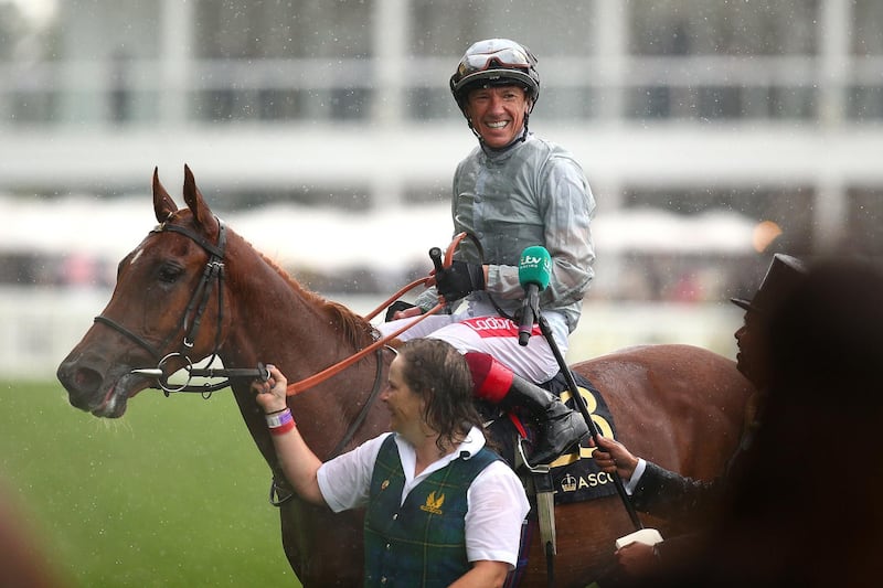 Frankie Dettori celebrates after he rides Raffle Prize to win The Queen Mary Stakes. Getty Images