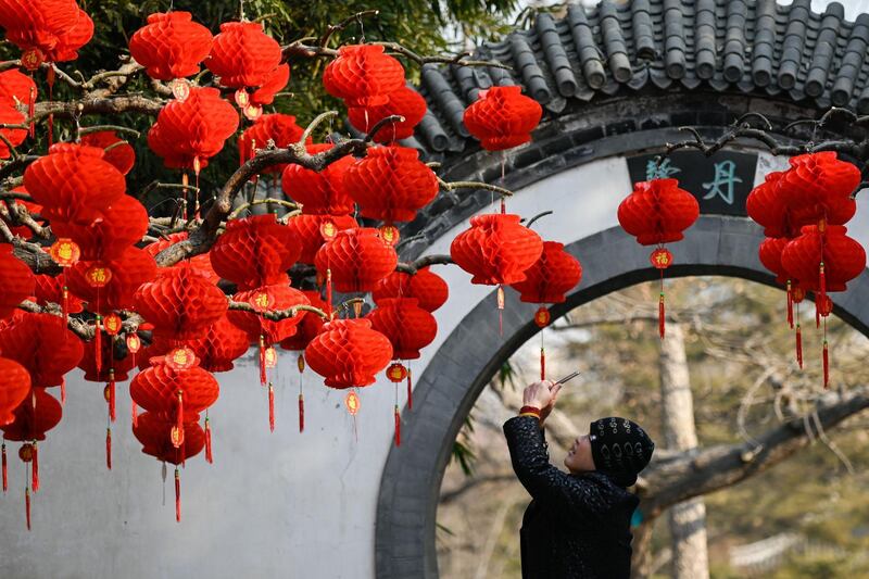 A woman uses her mobile phone to take a picture of red lanterns ahead of the Chinese Lunar New Year at a park in Beijing. AFP