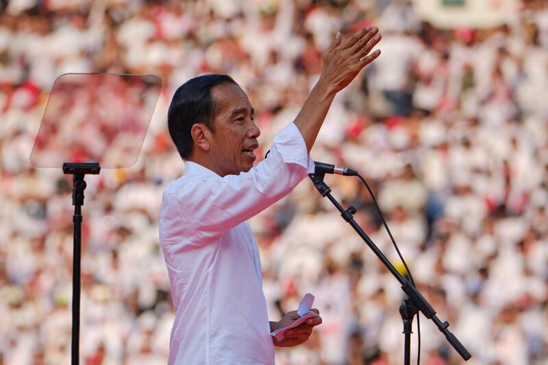 Indonesian President Joko Widodo, popularly known as Jokowi, gives a speech to supporters at a rally at Jakarta's main stadium on April 13, 2019. Getty Images