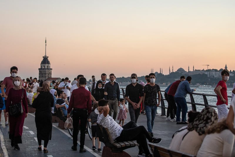 People enjoy themselves near the Bosphorus on sunset  in Istanbul, Turkey.  EPA