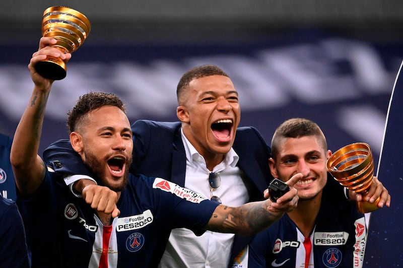 Left to right: Neymar, Kylian Mbappe and Marco Verratti celebrate their victory. AFP