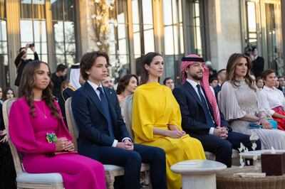 From left, Princess Salma, Prince Hashem, Rajwa Al Saif, Crown Prince Hussein and Queen Rania during the wedding ceremony of Princess Iman and Jameel Alexander Thermiotis. AFP