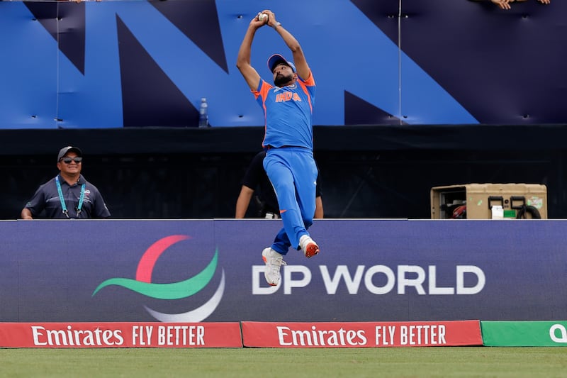 India's Mohd Siraj takes superb catch to dismiss United States batter  Nitish Kumar. AP
