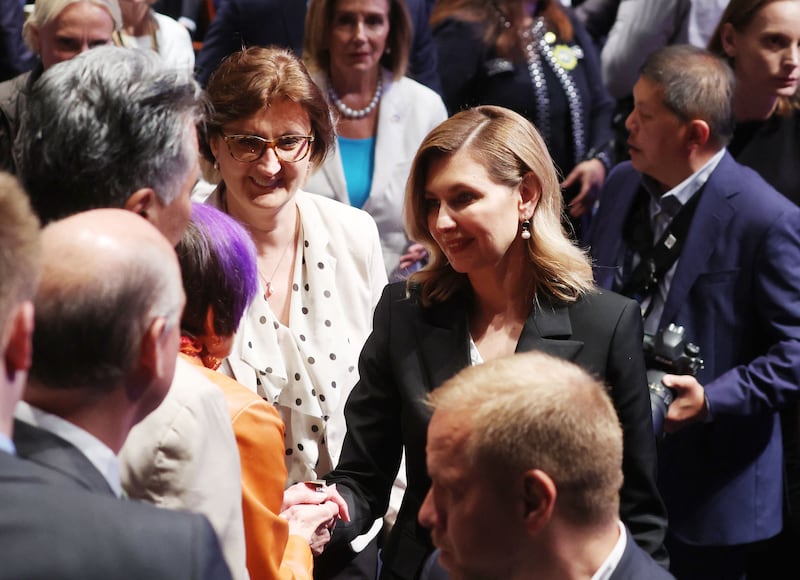 First Lady of Ukraine Olena Zelenska (C) greets members of US Congress after giving an address in Washington. AFP