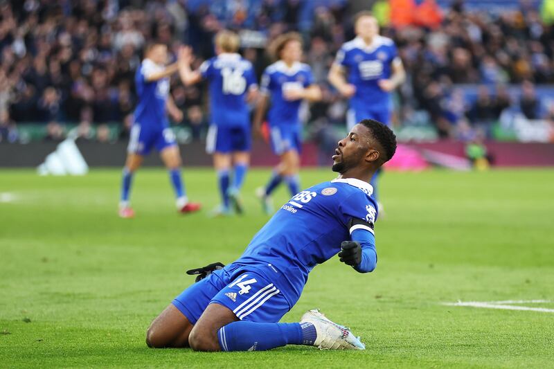 Kelechi Iheanacho  celebrates after scoring Leicester's  third goal in the 4-1 Premier League win against Tottenham Hotspur at The King Power Stadium on February 11, 2023, Getty