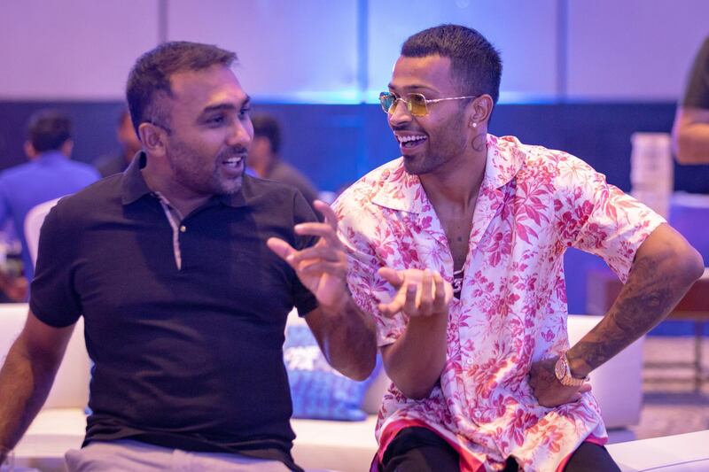 Mahela Jaywardhane head coach of Mumbai Indians  and Hardik Pandya of Mumbai Indians during Mumbai Indians team party at ST .REGIS in Abu Dhabi, United Arab Emirates on 30th August 2020.

Photo: Sandeep Shetty/Focus Sports/Mumbai Indians.