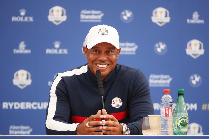 PARIS, FRANCE - SEPTEMBER 25:  Tiger Woods of the United States attends a press ocnference ahead of the 2018 Ryder Cup at Le Golf National on September 25, 2018 in Paris, France.  (Photo by Christian Petersen/Getty Images)