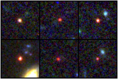 Images of six candidate massive galaxies, seen 540 million to 770 million years after the Big Bang, based on observations by NASA's James Webb Space Telescope. Swinburne University of Technology/Reuters