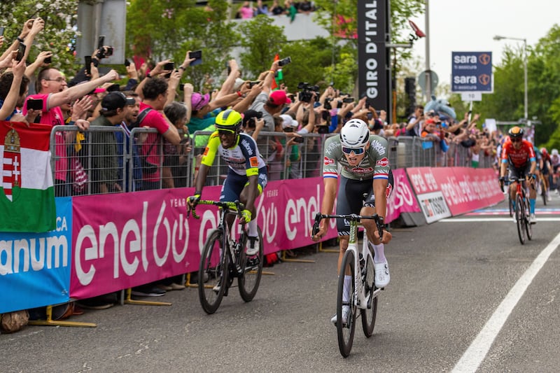 Mathieu van der Poel after crossing the finish line to win the first stage of the 105th Giro d'Italia. EPA