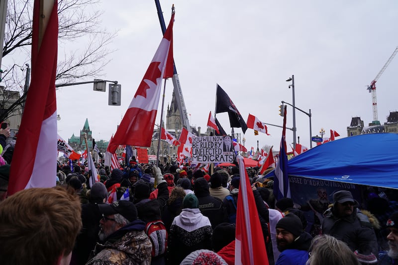 Thousands of people attend an anti-vaccine mandate protest in Ottawa on Saturday, February, 12. Willy Lowry / The National.