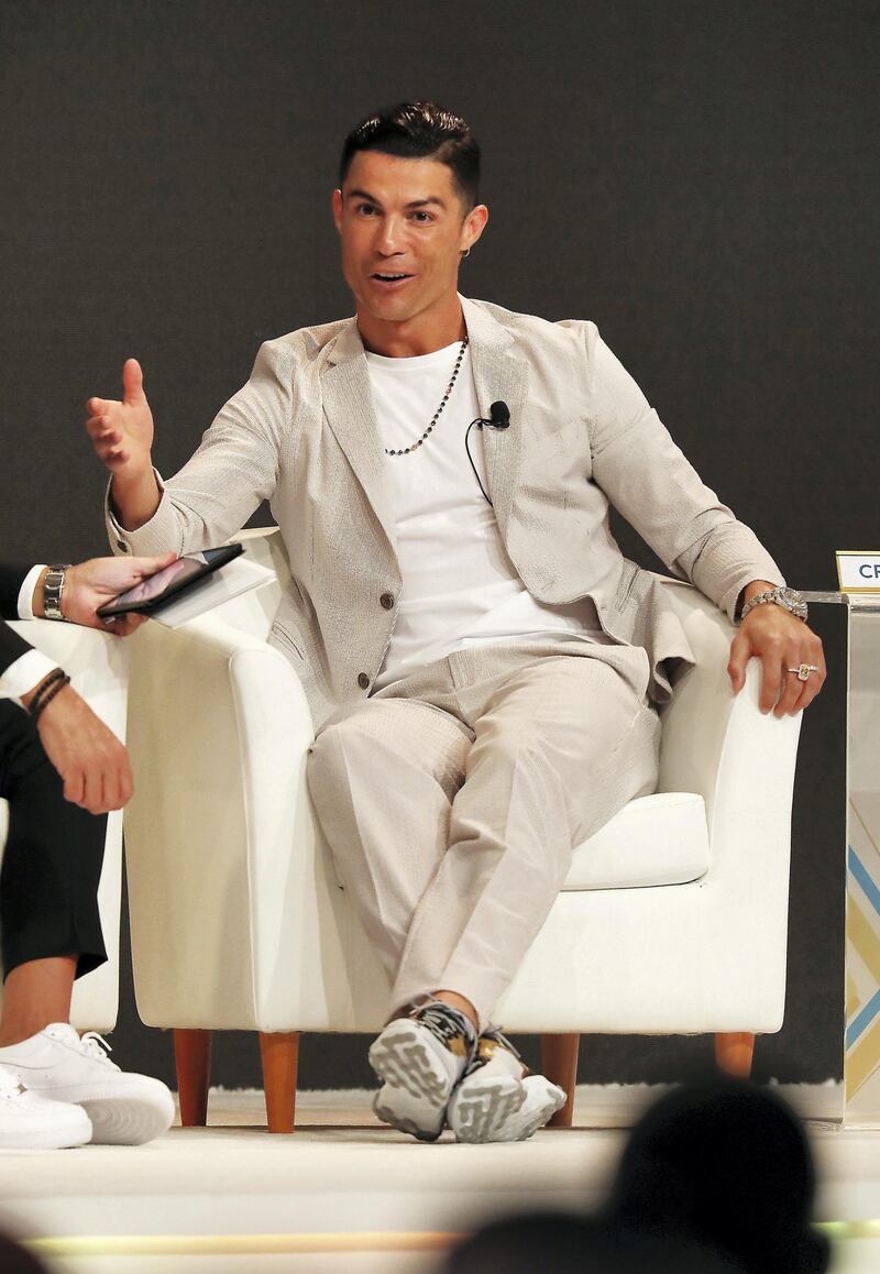 DUBAI, UNITED ARAB EMIRATES, Dec 28 – 2019 :- Cristiano Ronaldo, Juventus FC & Portuguese National Team Player speaking during the 14th Dubai International Sports Conference held at Madinat Jumeirah in Dubai. ( Pawan Singh / The National ) For Sports/Instagram. Story by John