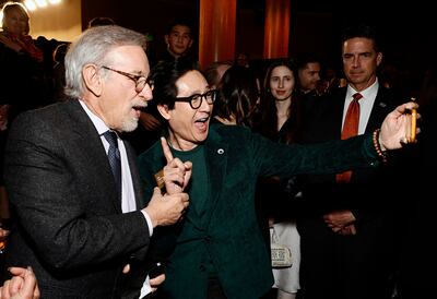 Director Steven Spielberg and Best Actor nominee Ke Huy Quan at the luncheon. AFP