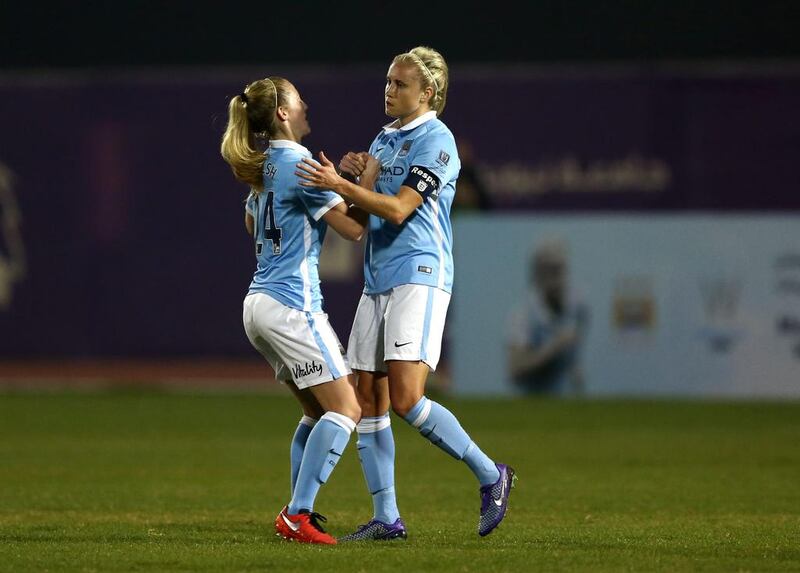 Steph Houghton, captain of Manchester City women, scores the opening goal during the Fatima Bint Mubarak Ladies Sports Academy Challenge between Melbourne City Women and Manchester City Women at New York University Abu Dhabi Campus on February 17, 2016 in Abu Dhabi, United Arab Emirates. Warren Little/Getty Images