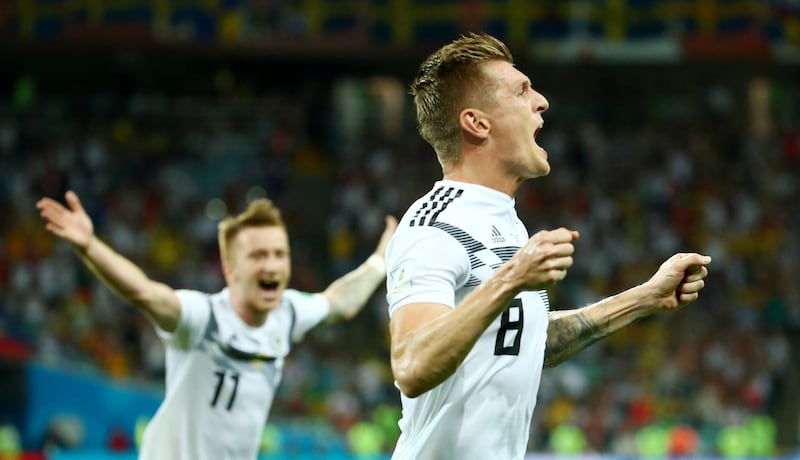 Soccer Football - World Cup - Group F - Germany vs Sweden - Fisht Stadium, Sochi, Russia - June 23, 2018   Germany's Toni Kroos celebrates scoring their second goal    REUTERS/Michael Dalder