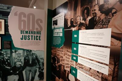 A display of photographs and time lines is part of the exhibit titled Determined The 400-year struggle for Black Equality at the museum in Richmond, Va., Wednesday, June 19, 2019. The exhibit is scheduled to open June 22. (AP Photo/Steve Helber)