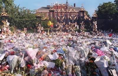 Flowers left at Kensington Palace in 1997 in tribute to Princess Diana. AFP