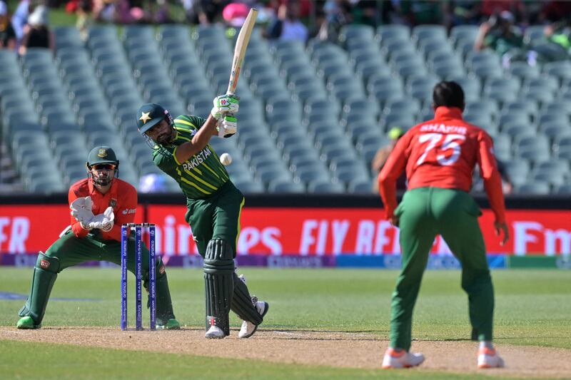 Pakistan's Babar Azam plays a shot back to bowler Shakib Al Hasan. AFP