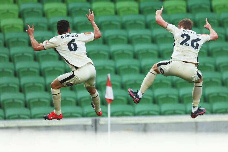 Louis D'Arrigo of Adelaide United, left, celebrates his goal during the round 16 A-League Men's match between Western United and Adelaide United at AAMI Park on Saturday in Melbourne. Getty