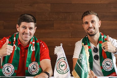 Jordan Henderson, right, alongside Steven Gerrard, his new manager at Al Ettifaq. Reuters
