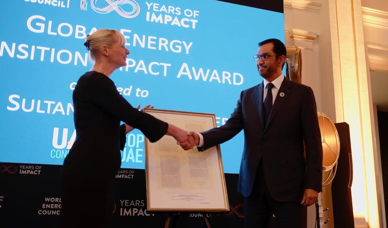 Dr Sultan Al Jaber receives an award from the World Energy Council for his leadership during the crucial Cop28 climate talks. Photo: Cop28