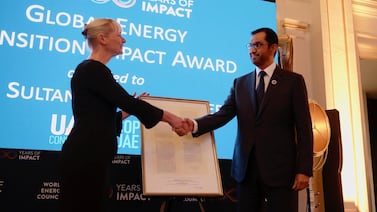 Dr Sultan Al Jaber receives an award from the World Energy Council for his leadership during the crucial Cop28 climate talks. Photo: Cop28