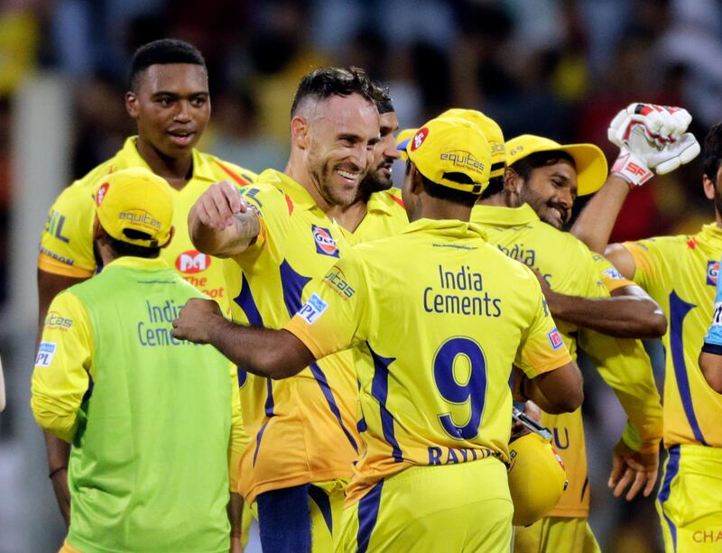 Chennai Super Kings player Faf du Plessis, center celebrates after won the match against Sunrisers Hyderabad during VIVO IPL cricket T20 match in Mumbai, India, Tuesday, May 22, 2018. (AP Photo/Rajanish Kakade)