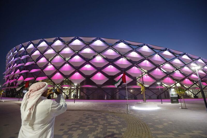 Picture perfect: a visitor takes a snap of the 25,000-seat Hazza bin Zayed Stadium in Al Ain last night. Azeem Shoukat / Al Ittihad