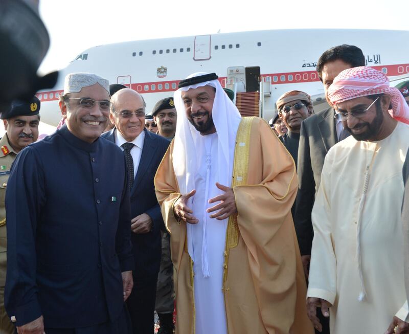 WAM Al Ain, Dec 30th, 2012 (WAM) -- President His Highness Sheikh Khalifa bin Zayed Al Nahyan left here today for Pakistan on a private visit which will last for several days.

The president was seen off by Vice President and Prime Minister and Ruler of Dubai His Highness Sheikh Mohammed bin Rashid Al Maktoum, His Highness Gen. Sheikh Mohammed bin Zayed Al Nahyan, Crown Prince of Abu Dhabi and Deputy Supreme Commander of the UAE Armed Forces.

H.H. Sheikh Hamdan bin Zayed Al Nahyan, Ruler's Representative in the Western Region, H.H. Sheikh Saif bin Mohammed Al Nahyan, H.H. Sheikh Nahyan bin Zayed Al Nahyan, Chairman of the Board of Trustees of Zayed bin Sultan Al Nahyan Charitable and Humanitarian Foundation, H.H. Sheikh Hamed bin Zayed Al Nahyan, Chief of Abu Dhabi Crown Prince's Court, H.H. Sheikh Omar bin Zayed Al Nahyan, Deputy Chairman of the Board of Trustees of Zayed bin Sultan Al Nahyan Charitable and Humanitarian Foundation, H.H. Sheikh Khalid bin Zayed Al Nahyan, Deputy Chairman of Etihad Airways, H.H. Sheikh Mohammed bin Khalifa Al Nahyan, Executive Council Member, Dr. Sheikh Saeed bin Mohammed Al Nahyan, Sheikh Ahmed bin Saif Al Nahyan, Sheikh Sultan bin Tahnoun Al Nahyan, Chairman of Abu Dhabi Tourism Authority (ADTA), Sheikh Hazza bin Tahnoon Al Nahyan, Undersecretary of the Court of Ruler's Representative in the Eastern Region, Lt. General Musabbeh Rashid Al Fattan, Director of the Office of the Vice President and Prime Minister and Ruler of Dubai, a number of Sheikhs and senior officials were also present on the occasion.

The accompanying delegation with the president includes H.H. Sheikh Tahnoun bin Mohammed Al Nahyan, Abu Dhabi Ruler`s Representative in the Eastern Region H.H. Sheikh Mansour bin Zayed Al Nahyan, Deputy Prime Minister and Minister of Presidential Affairs, H.H. Sheikh Sultan bin Hamdan Al Nahyan, Advisor to the UAE President, Mohammed Habroush Al Suweidi, Advisor to the President, Ahmed Juma Al Za'abi, Deputy Minister for Presidenti *** Local Caption ***  4ded5e56-9f78-49f5-8926-1a13f99da2e3.jpg