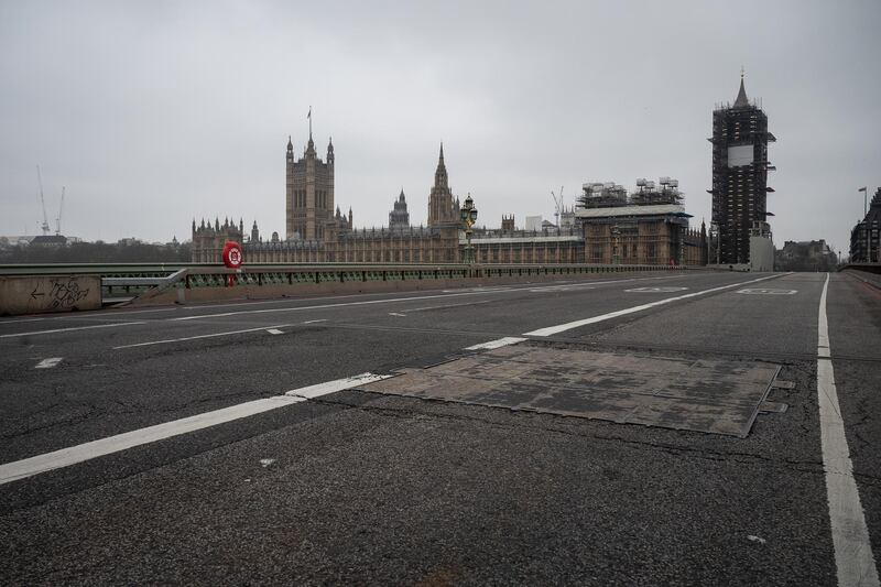 Westminster Bridge is seen while totally empty of traffic and people in London, England. As the COVID-19 coronavirus pandemic continues to escalate, London's streets have grown quieter as more people are encouraged to work from home and respect "social distancing" in a bid to slow the spread of the virus. Getty Images