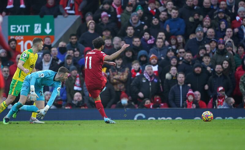 17. Salah scores the second goal in the 3-1 win against Norwich on February 19. PA