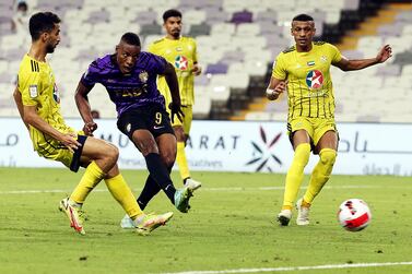 Al Ain’s Malian forward Laba Kodjo about to fire in his second goal in the 4-1 victory over Kalba in the Adnoc Pro League at Hazza bin Zayed stadium on Friday, September 17, 2021. Photo: PLC
